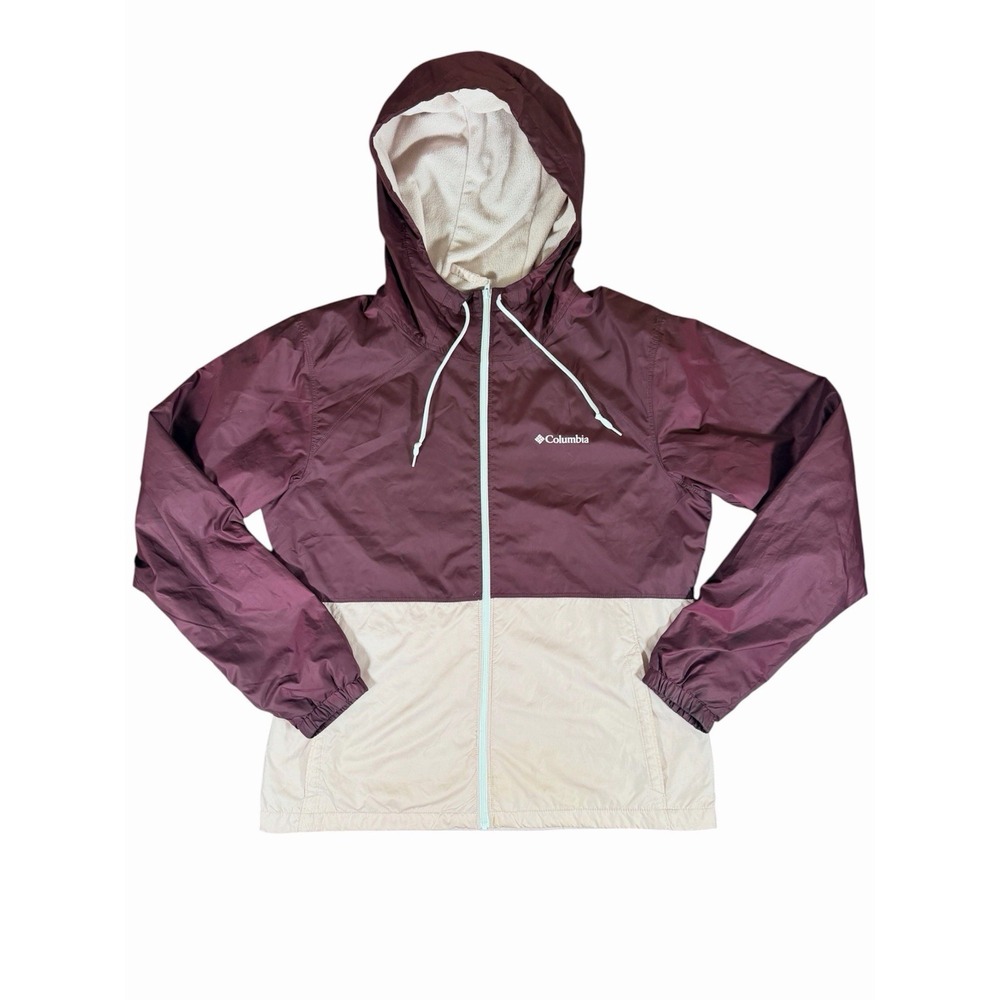 Columbia Hooded Windbreaker Jacket Fleece Lined Burgundy Beige Mens M